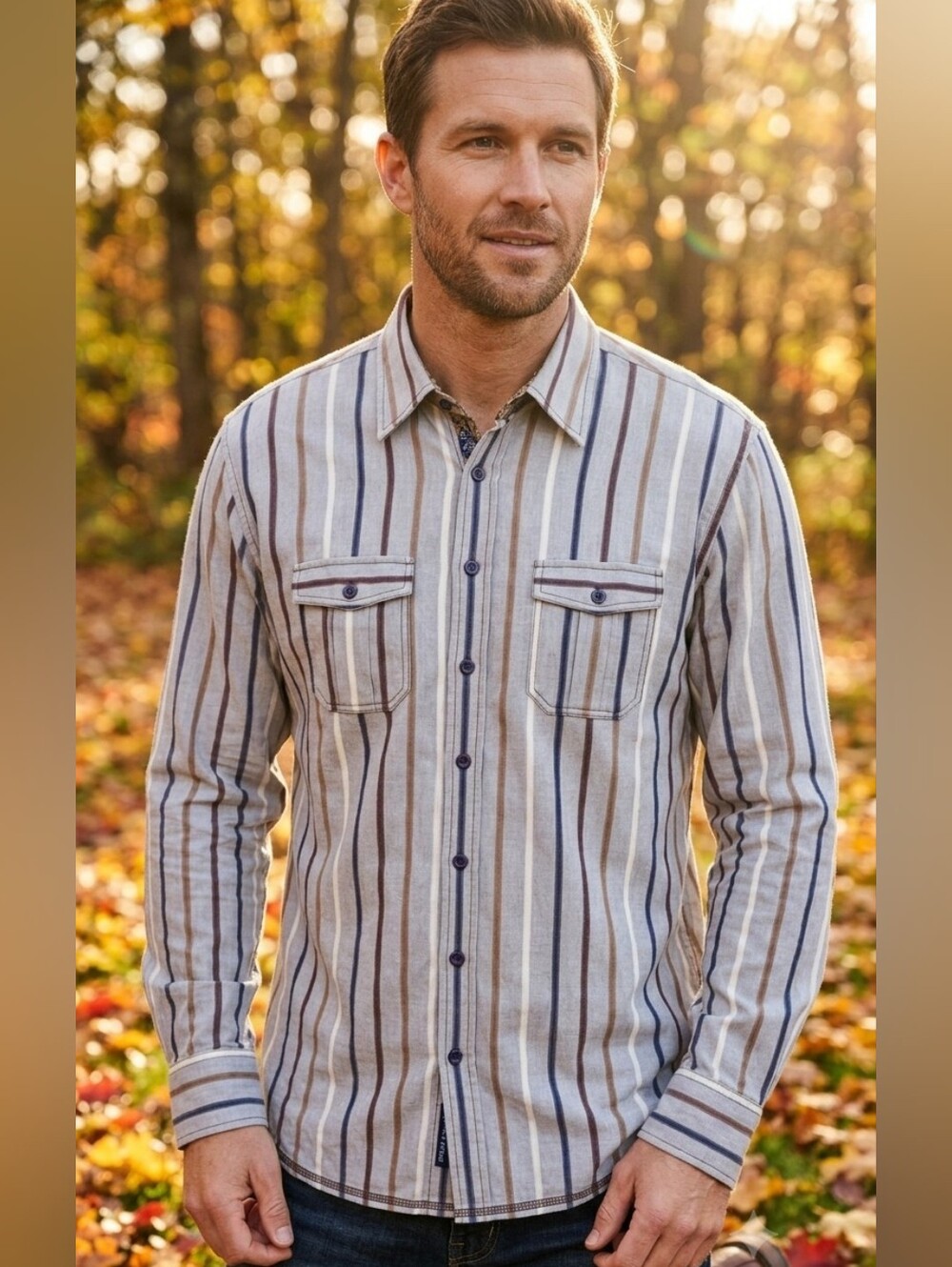 Georg Roth Los Angeles Striped Button Down Shirt | Blue Brown Grey | XL